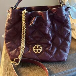 Tory Burch Quilted Leather Drawstring Handbag Bag - Burgundy